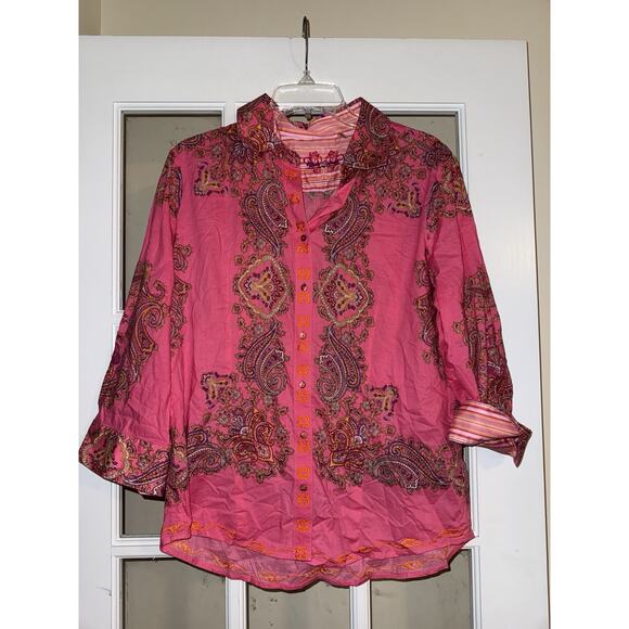 Robert Graham Women’s Pink Paisley Embroidered Button Blouse flip cuff XL Hippie - Picture 1 of 6
